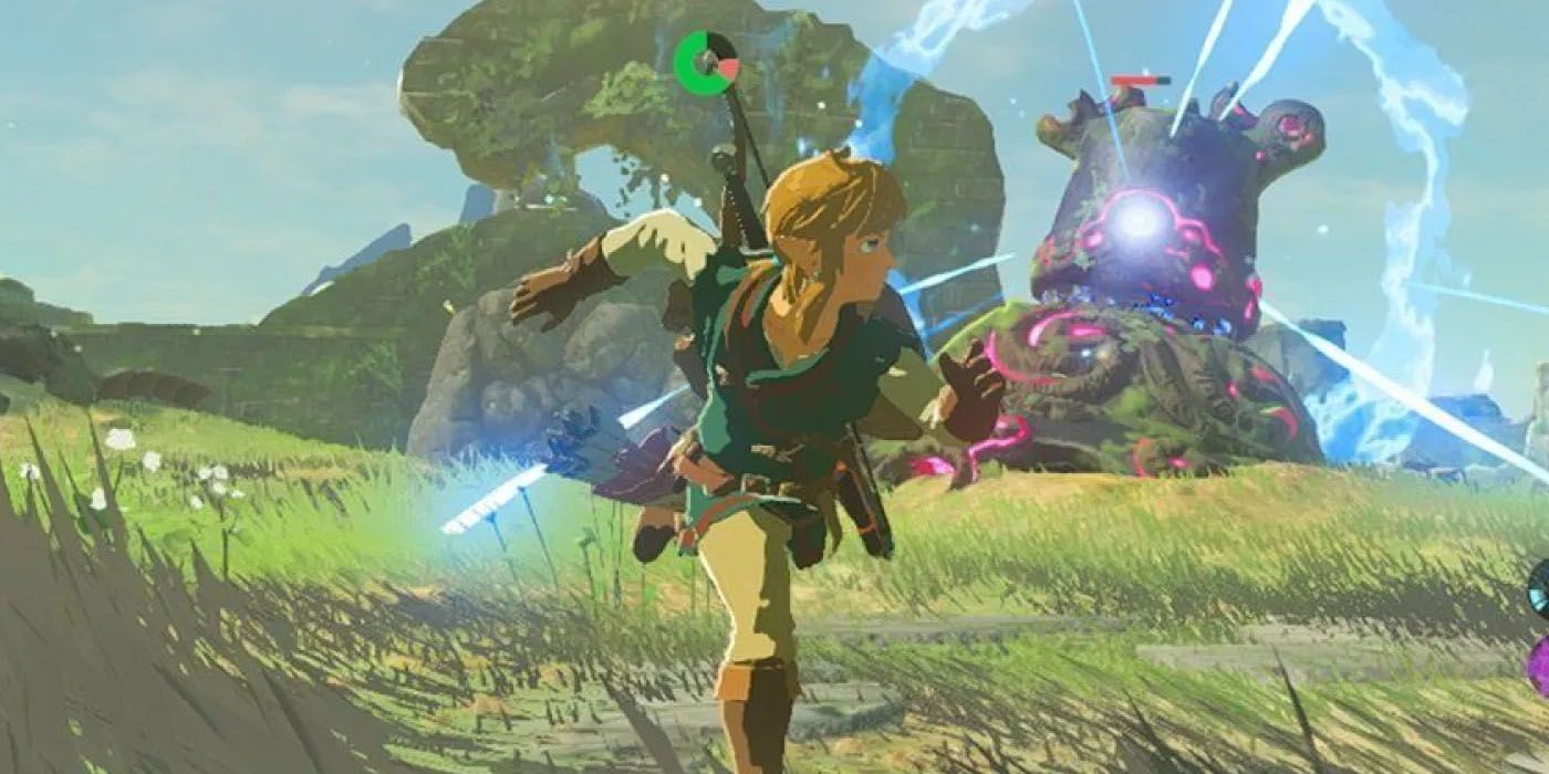 Link running away from a large monster in Breath of the Wild