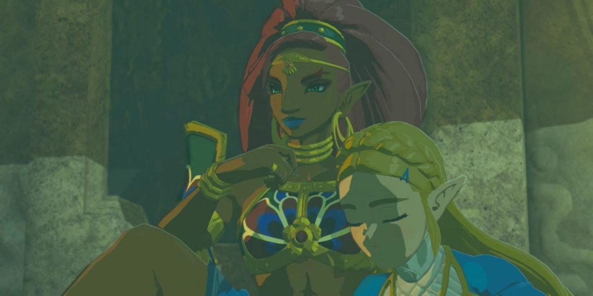 A sleeping Zelda leans on Urbosa
