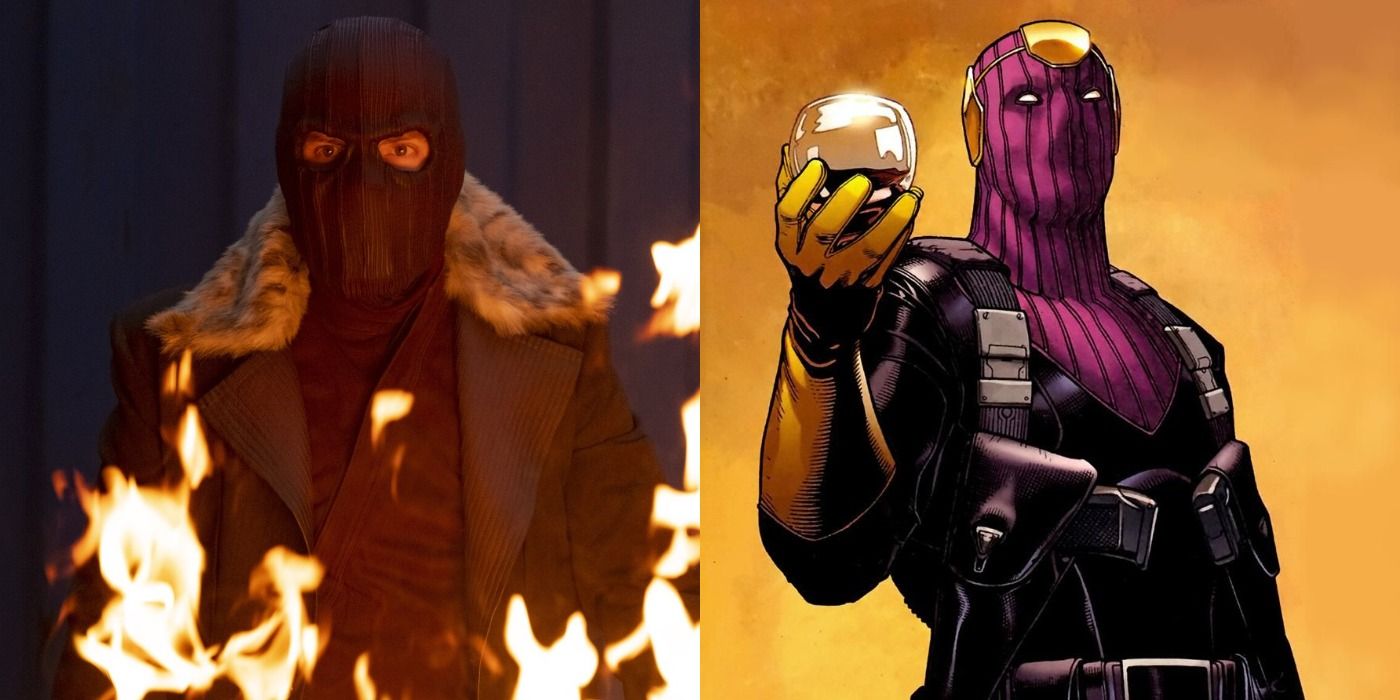Zemo From The MCU Wearing His Purple Mask and Fur Coat And Zemo From The Comics Wearing His Purple Mask And Holding A Glass