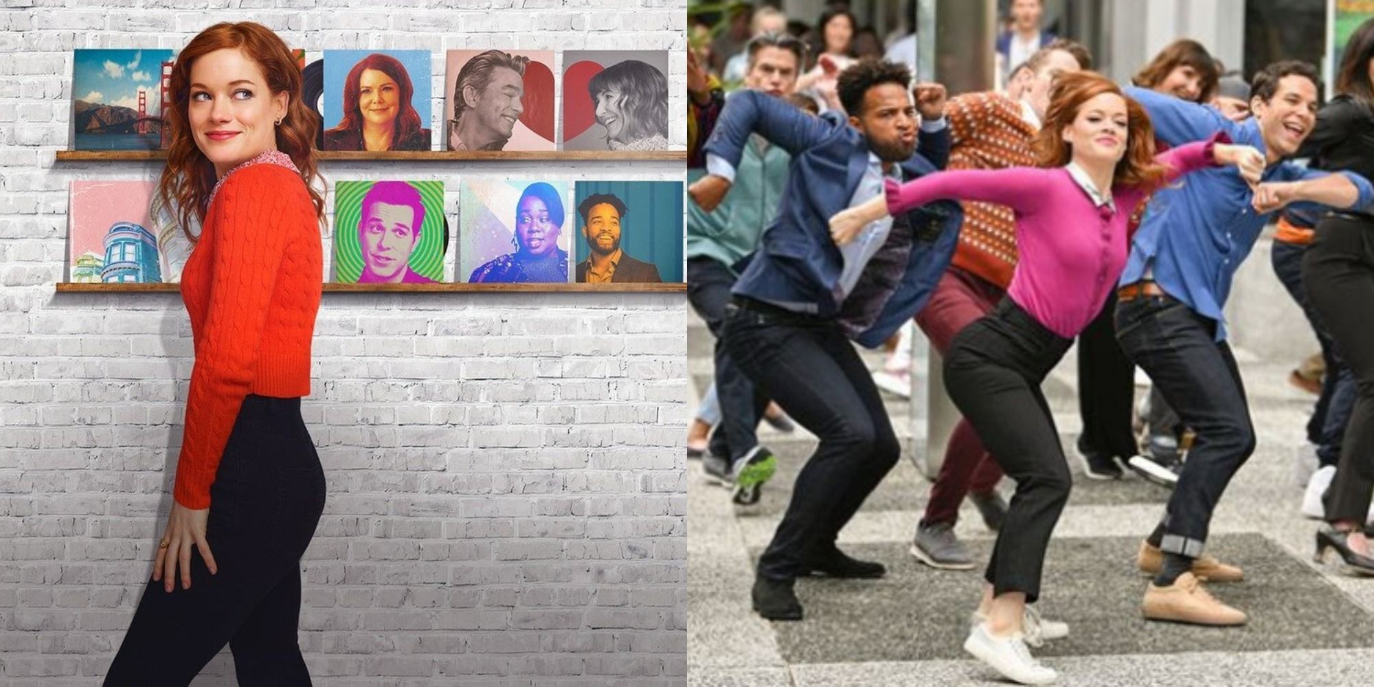 Split image of Zoey by a wall and dancing with the cast in Zoeys Extraordinary Playlist