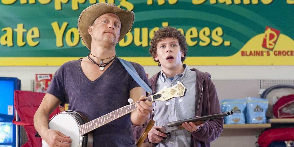 Woody Harrelson playing a banjo and Jesse Eisenberg holding a gun in supermarket in Zombieland