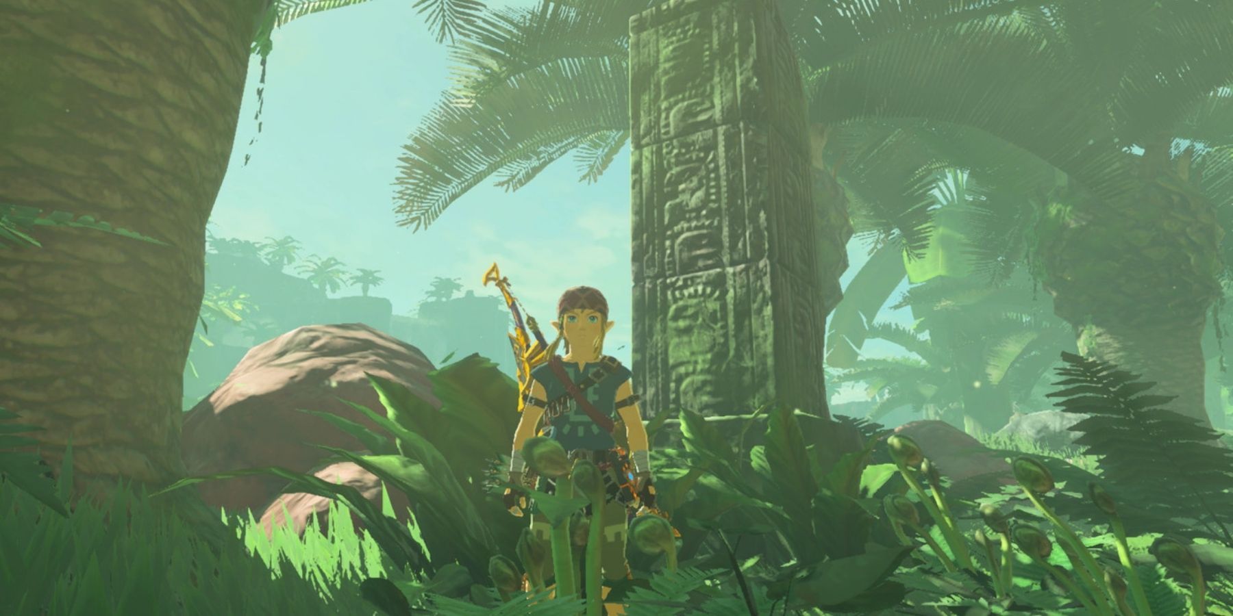 Link standing in front of a pillar left by the Zonai Tribe in Breath of the Wild.