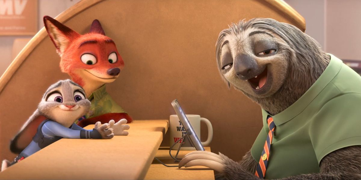 Hopps and Nick talking to DMV sloth in Zootopia