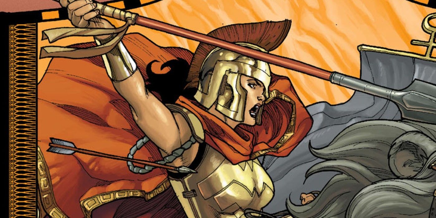 Wonder Woman holding a spear on the cover of Amazons Attack