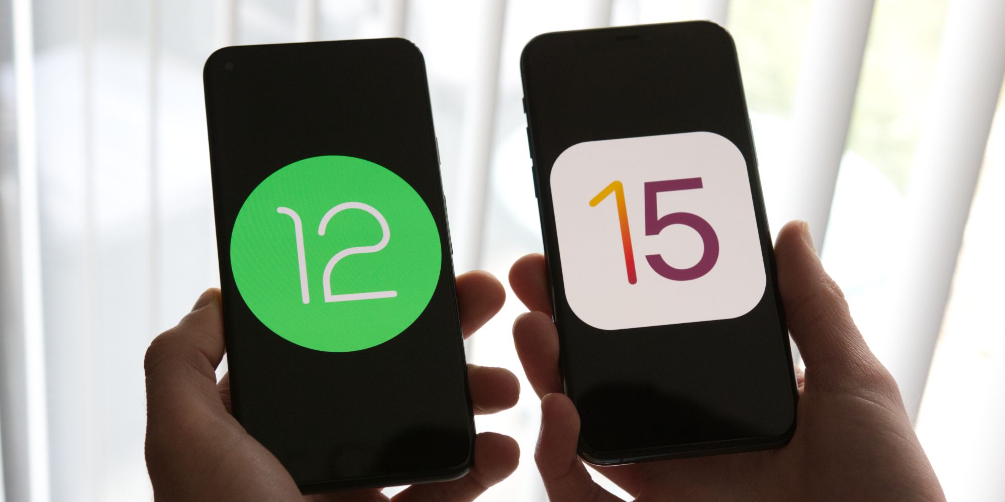 Android 12 and iOS 15 icons on a Pixel and iPhone