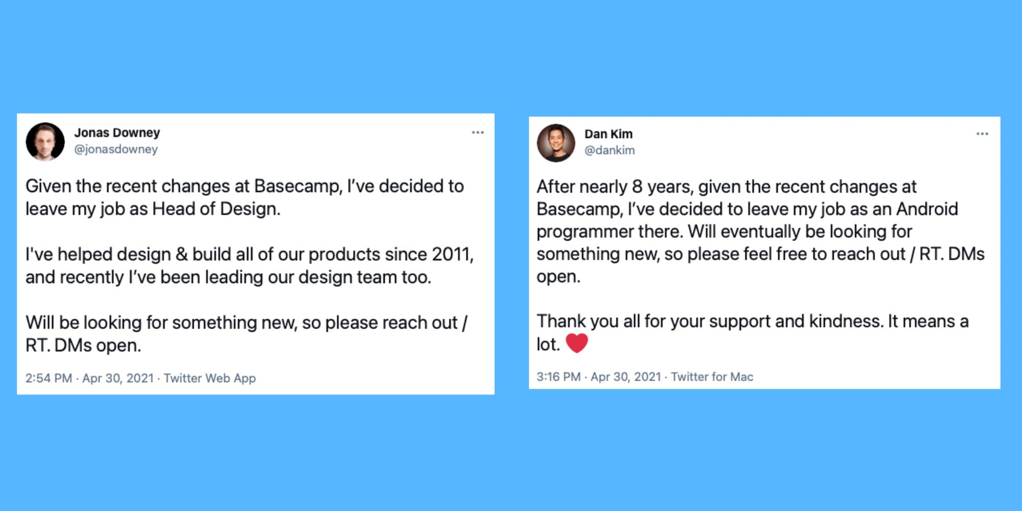 Tweets from Basecamp employees announcing their departure from the company