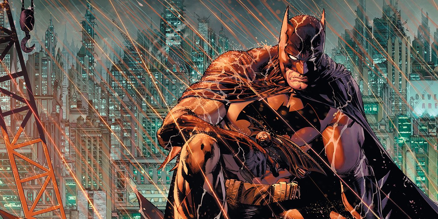 Batman in Gotham City in a comic.
