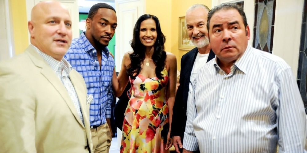 Anthony Mackie and Padma Laxmi surrounded by Top Chef hosts