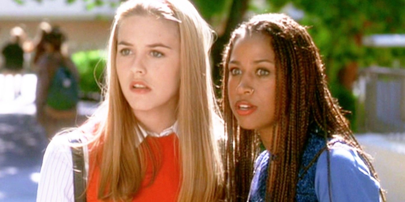 Cher and Dionne in Clueless outside the school looking into the distance in Clueless.