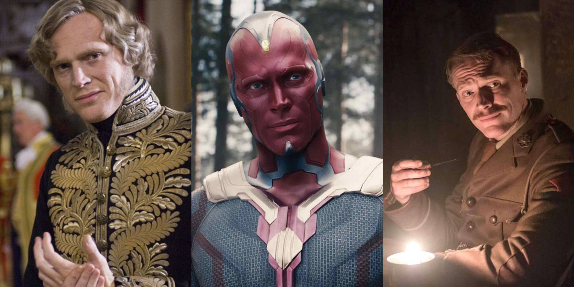 Combined images of Paul Bettany in The Young Victoria, Journey's End, and as Vision in the MCU
