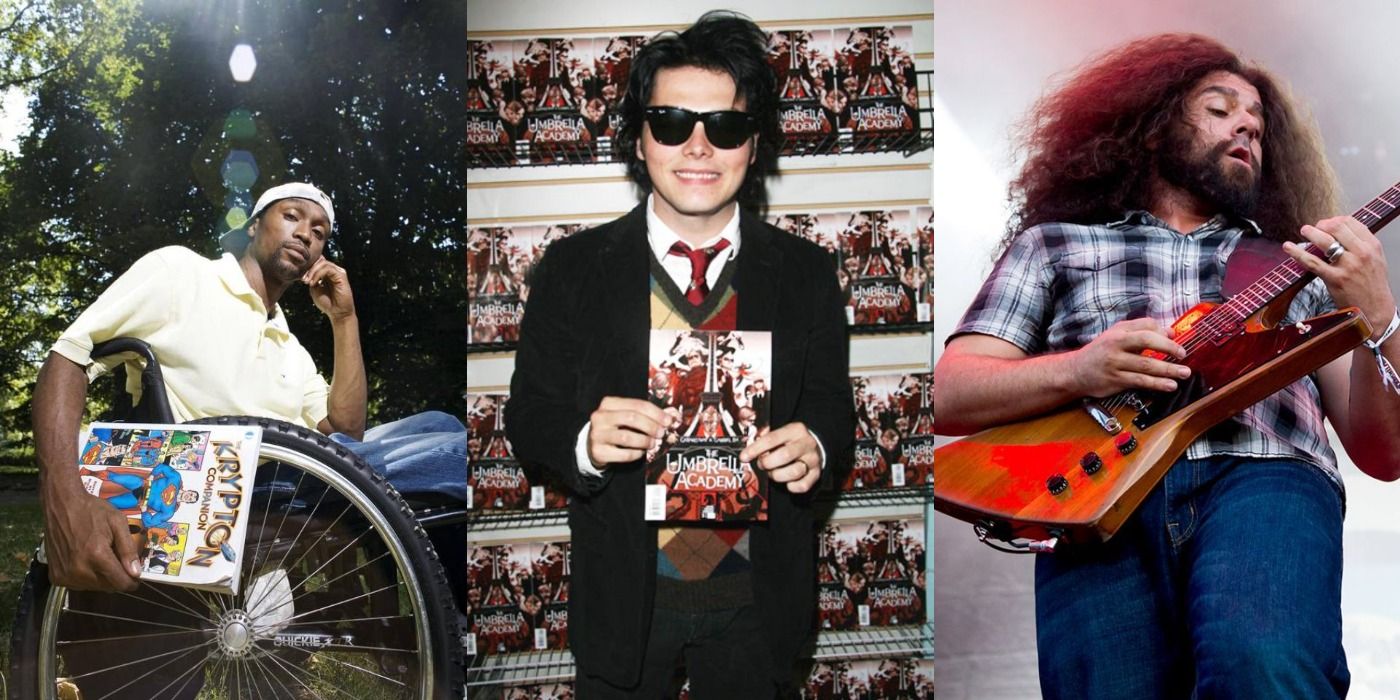 Split image of Percy Carey holding his comic book; Gerard Way smiling and holding his book; Claudio Sanchez playing the guitar on stage