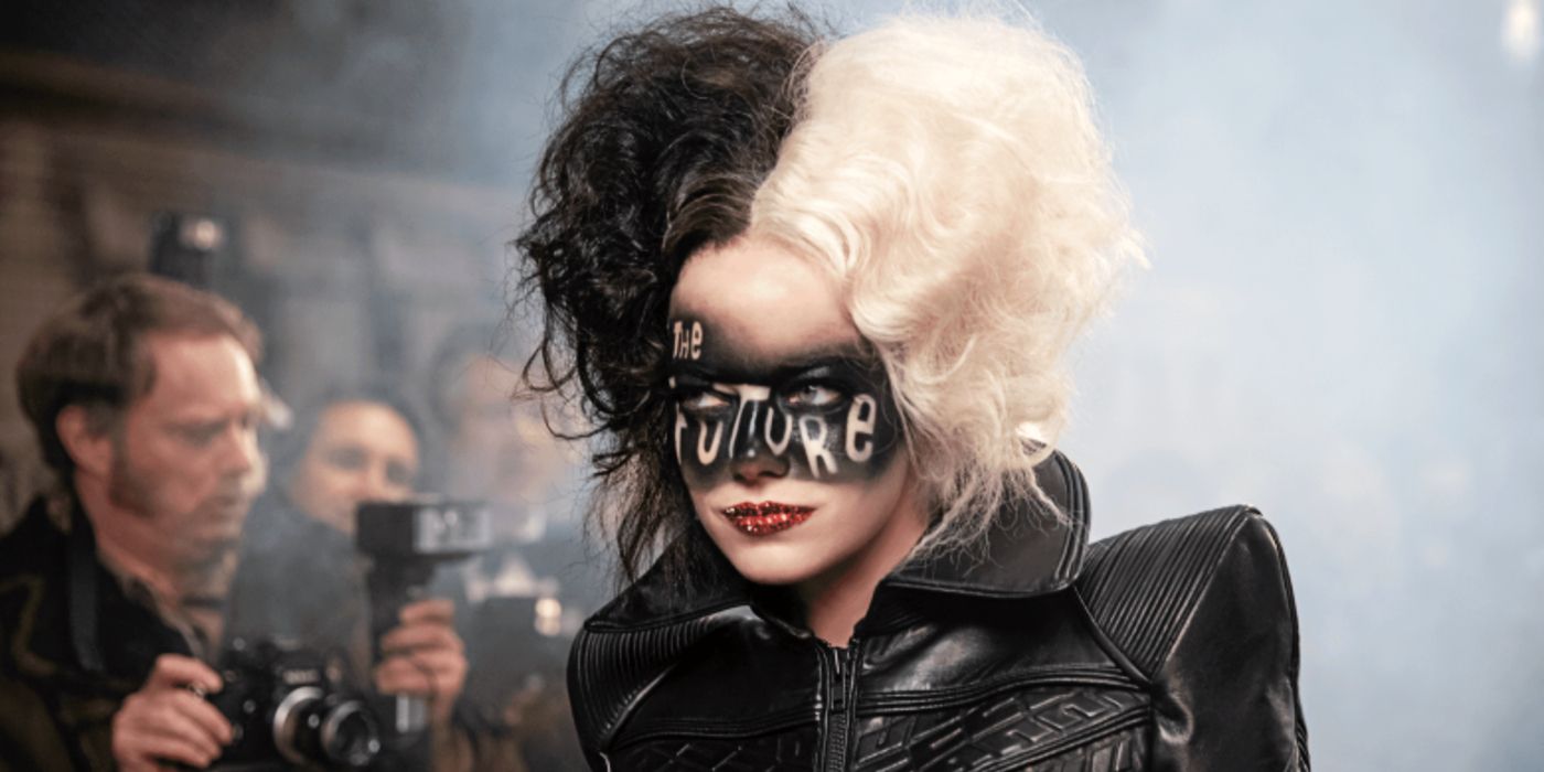 Cruella arrives at a runway with &quot;The Future&quot; spray-painted across her eyes