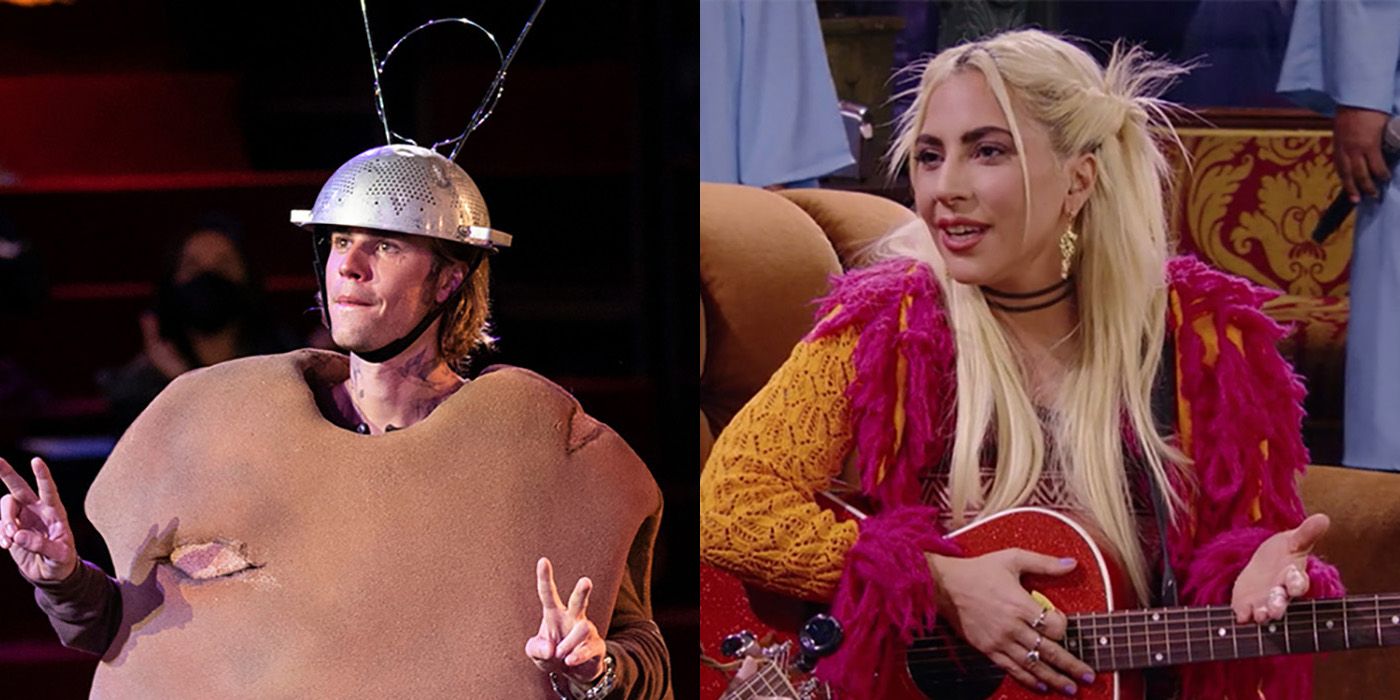 Split imagoes Justin Bieber and Lady Gaga at the Friends Reunion