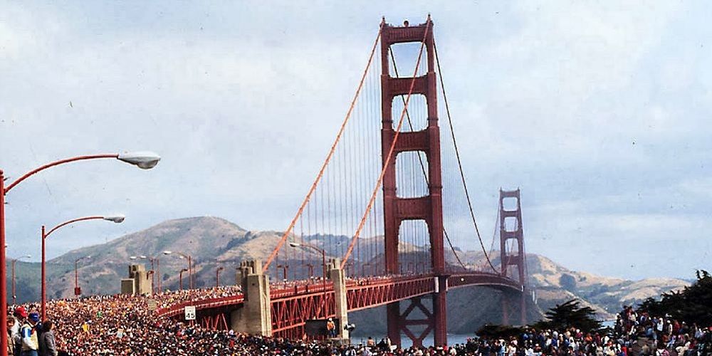 Citizens march on San Francisco Golden Gate Bridge in 1988