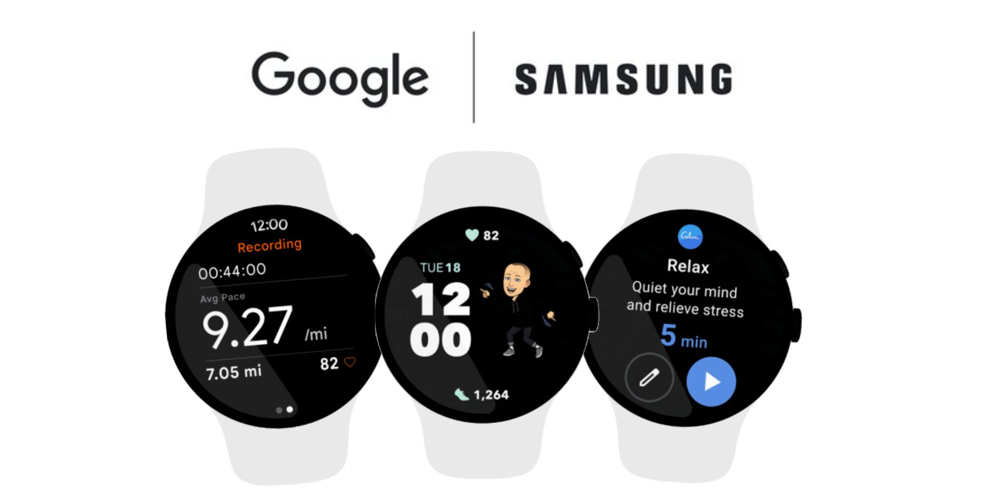 Google and Samsung logos above Wear OS renders