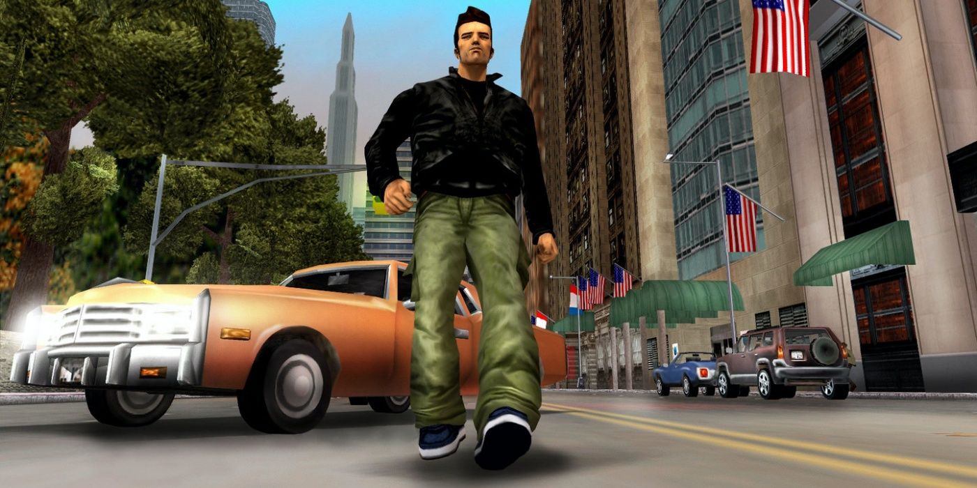 Claude walking away from a car in Grand Theft Auto III