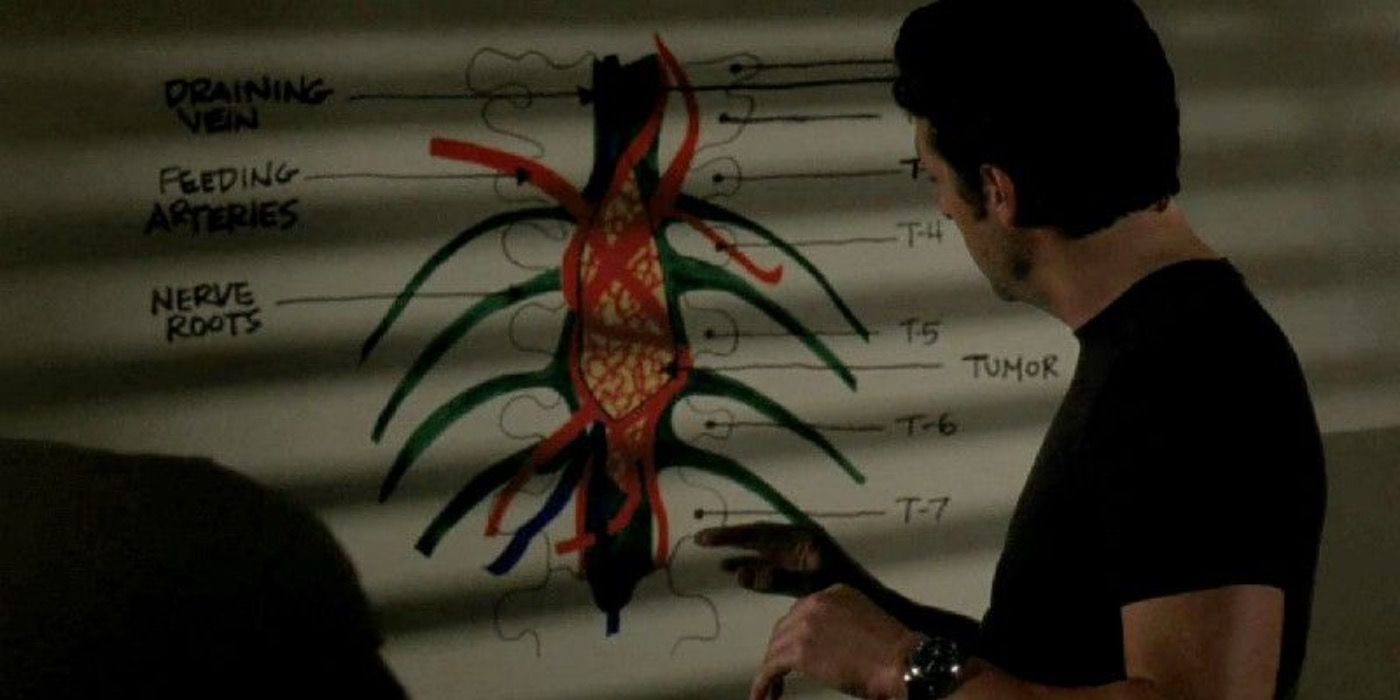 Derek drawing a tumor on the wall