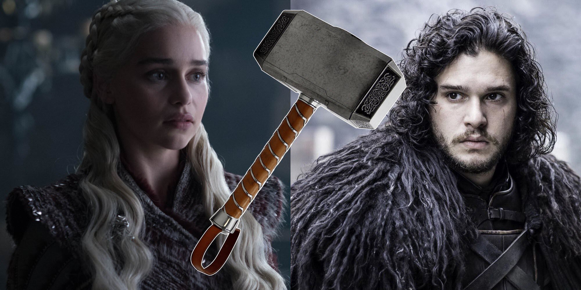 A collage of Daenerys and Jon Snow, with Mjolnir in the middle