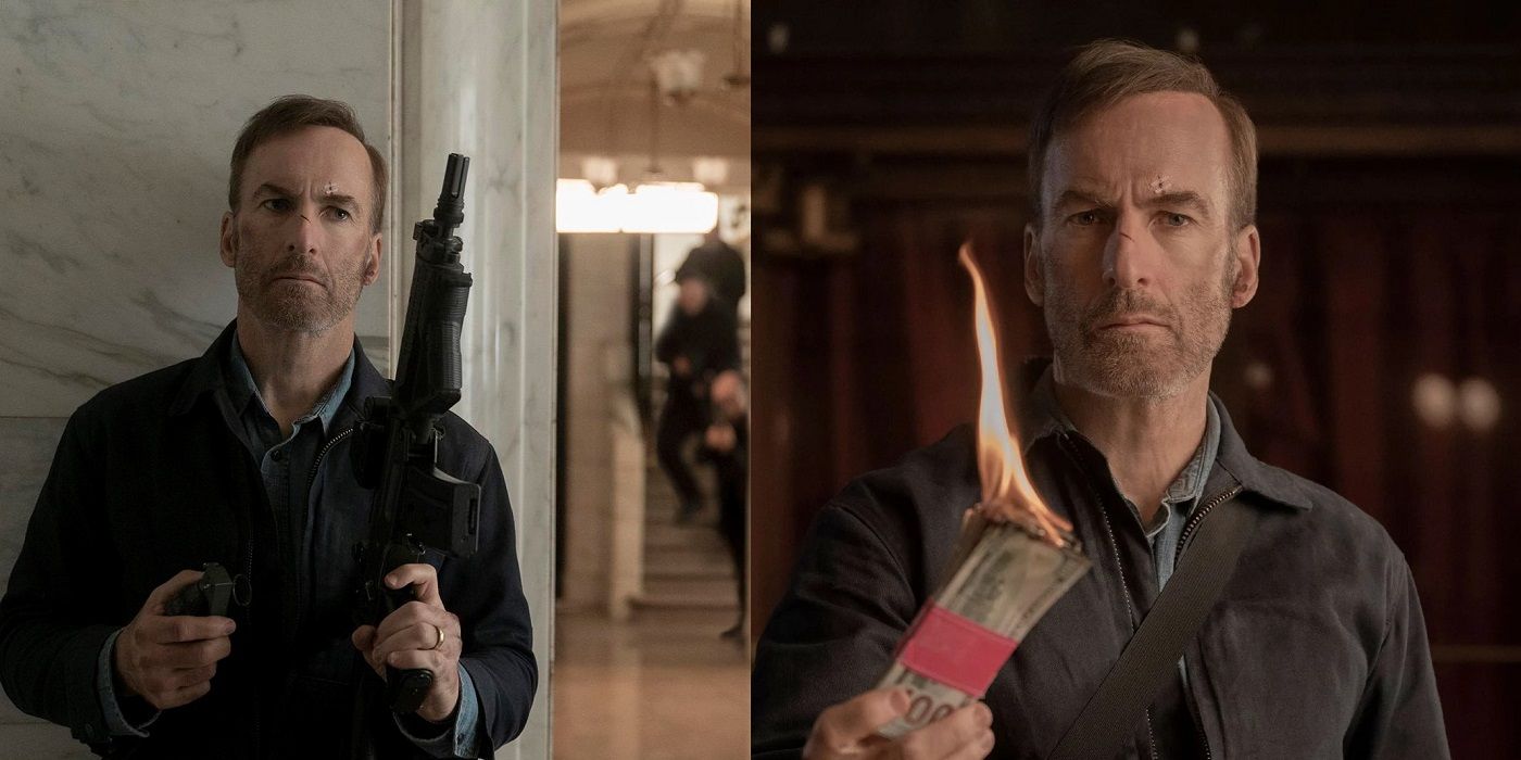 Bob Odenkirk holding gun and flaming money in Nobody