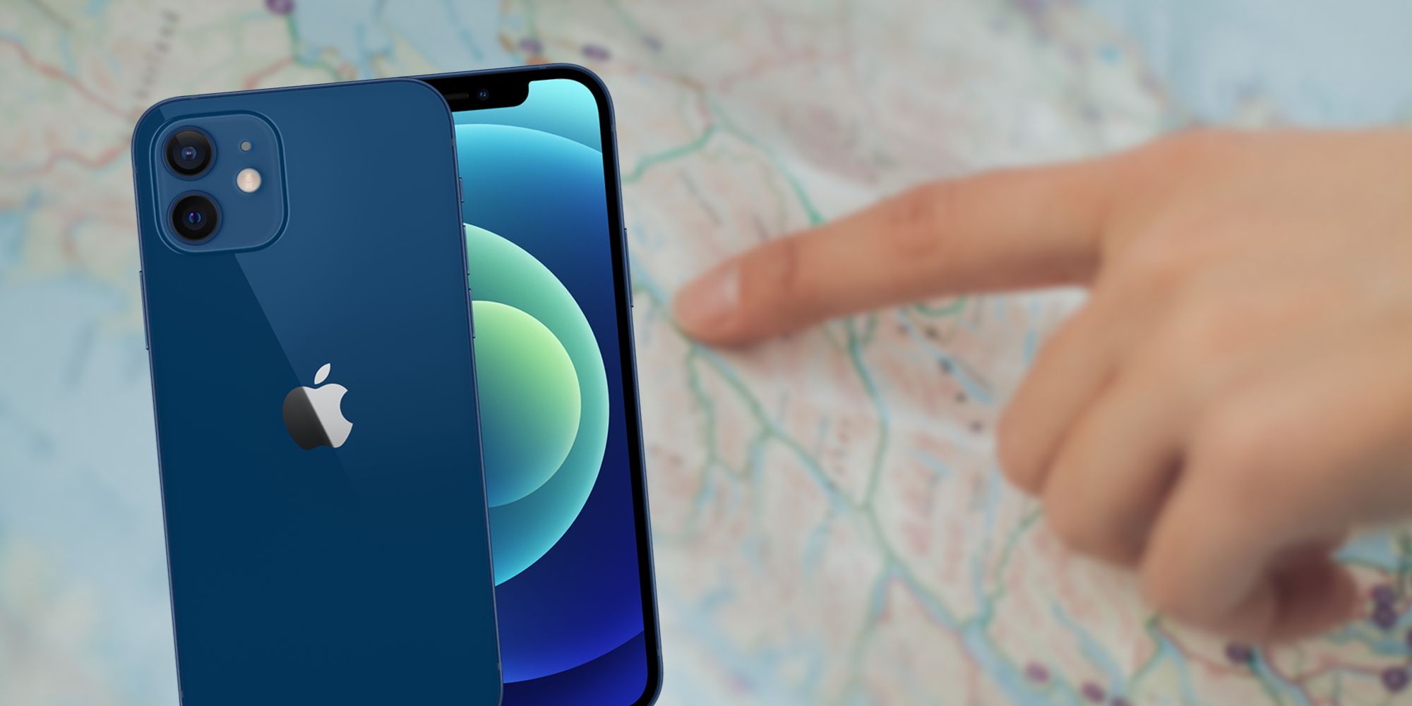 iPhone 12 render on a picture of a map