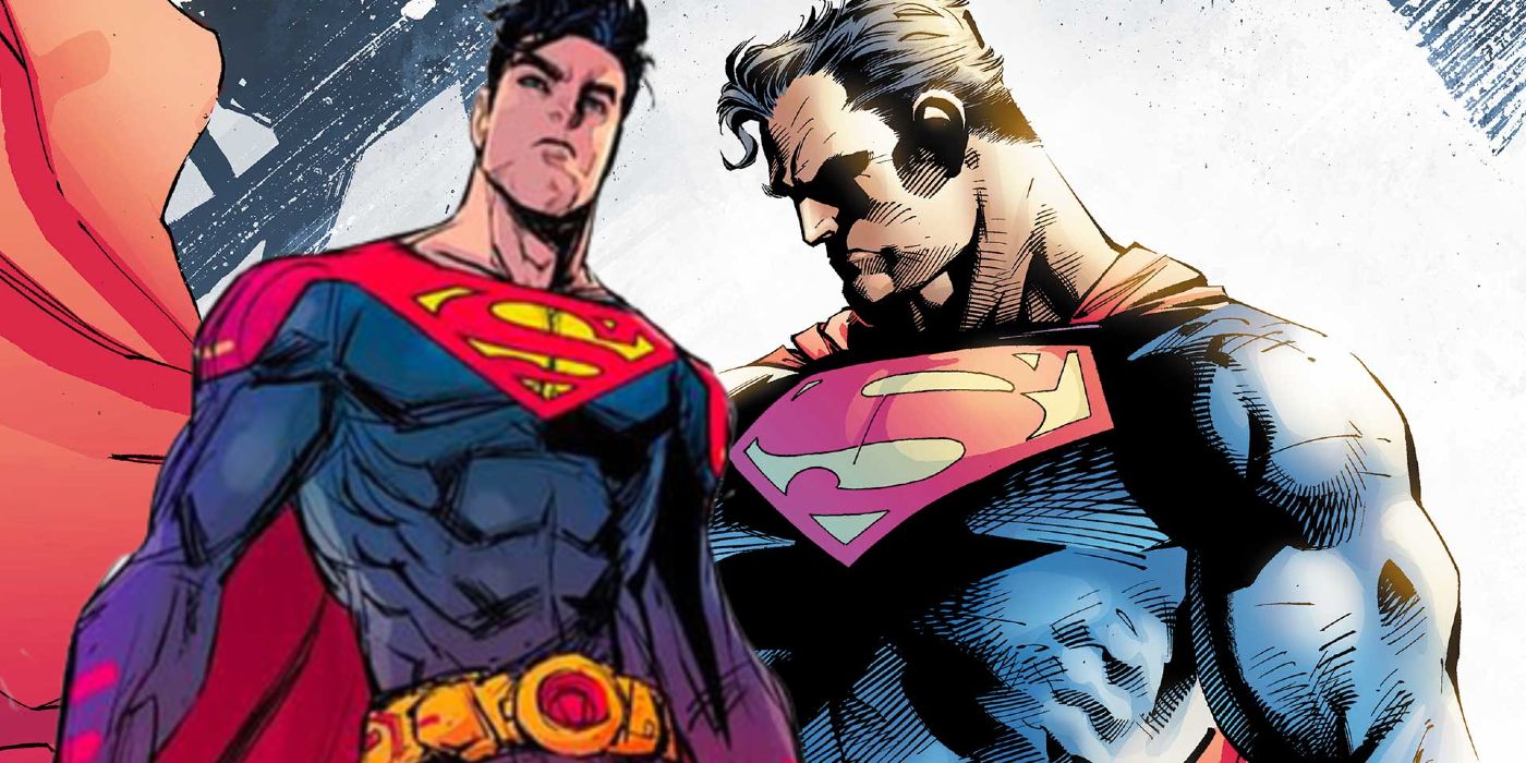 Split image showing Jon Kent in his new suit and Superman