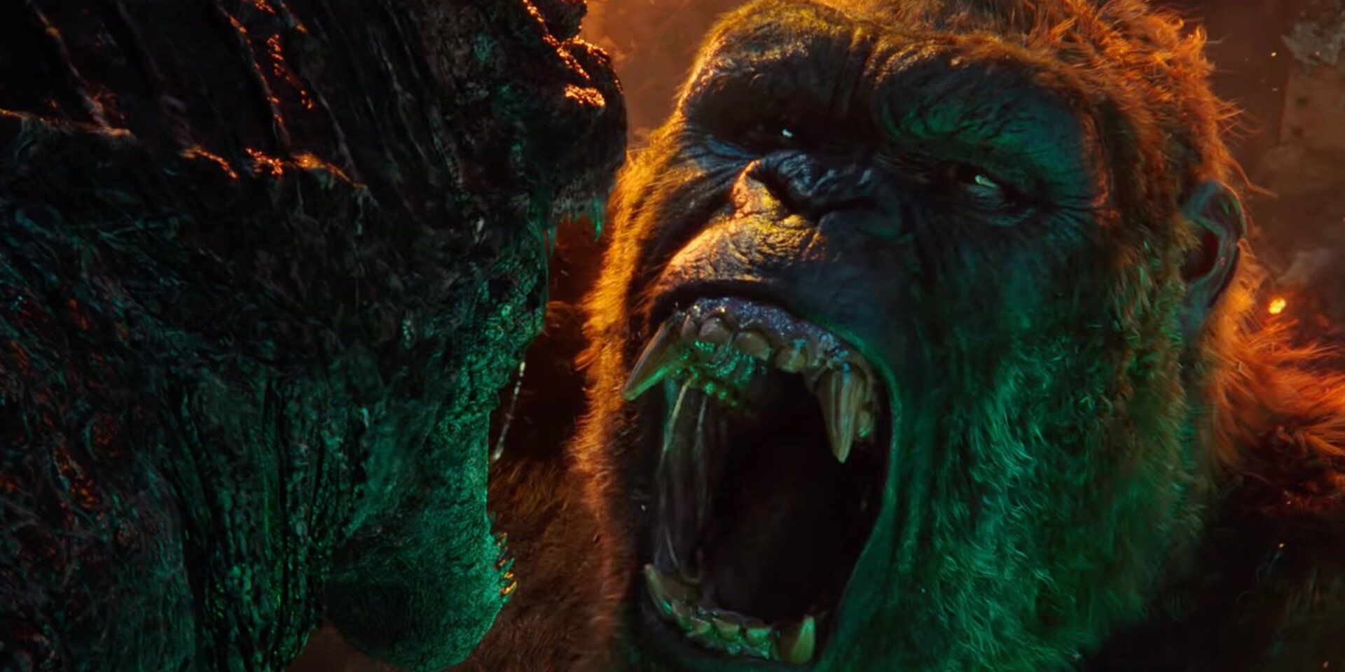 Kong roaring in Godzilla's face as they roar back in Godzilla Vs Kong