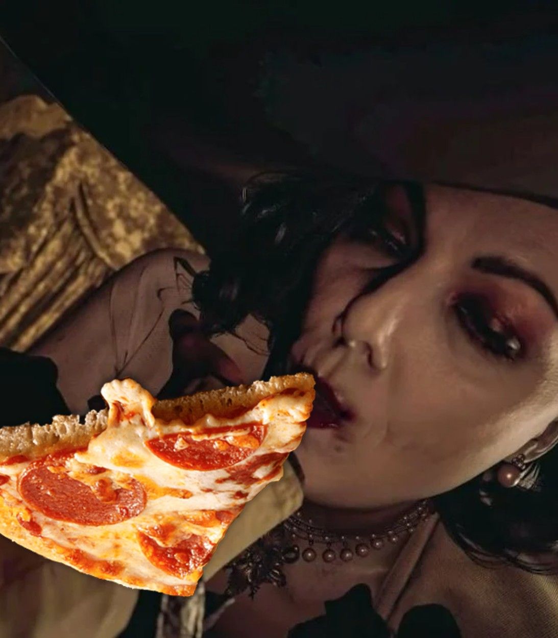 Lady Dimitrescu eating pizza TLDR