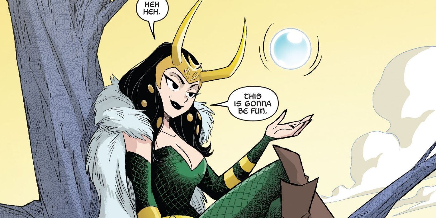 Lady Loki sits in a tree in Marvel Comics.