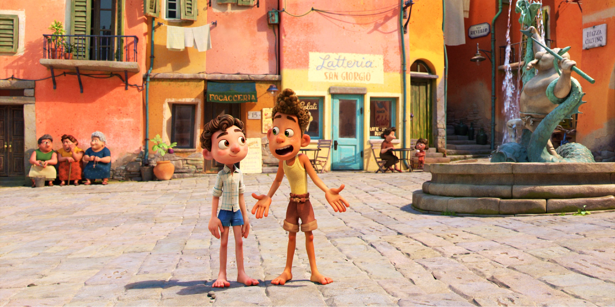 Luca and Alberto standing in Portorosso from Pixar's Luca