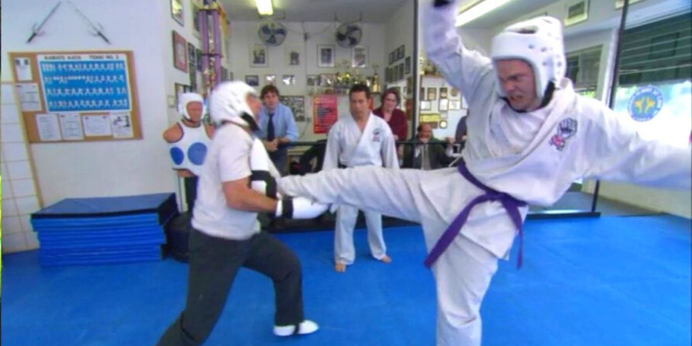 Michael and Dwight fight at the dojo on The Office