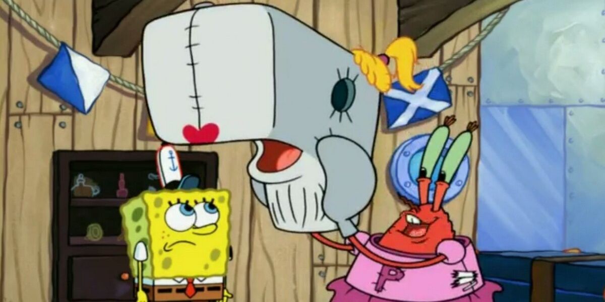 Mr. Krabs dressing up as Pearl to scare Plankton.