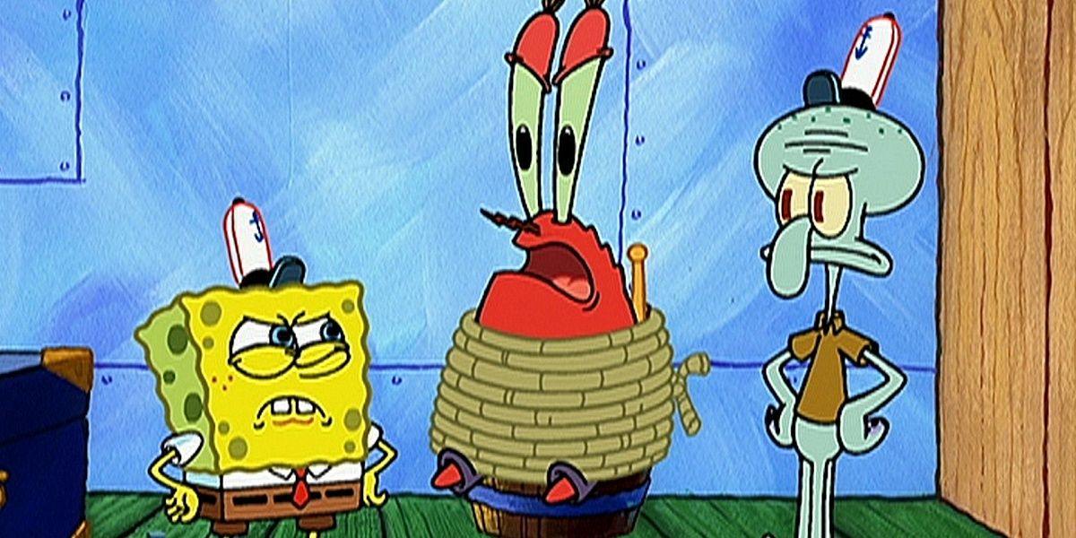 Mr. Krabs tied up by SpongeBob and Squidward.