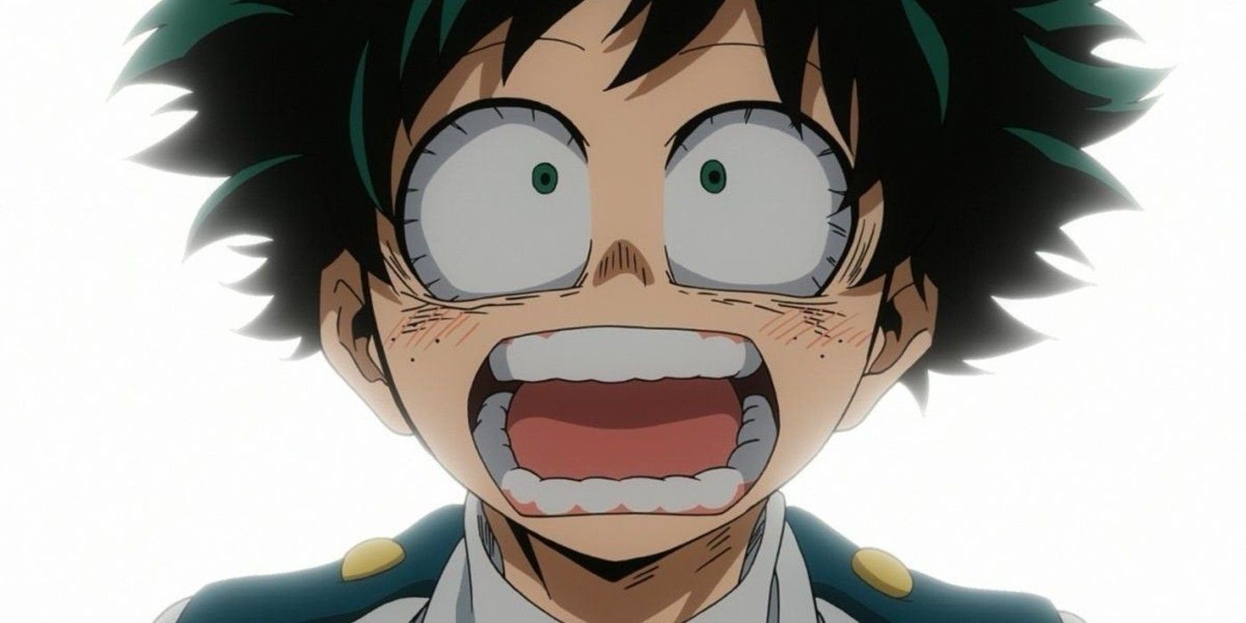 Midoriya screaming in shock in My Hero Academia.