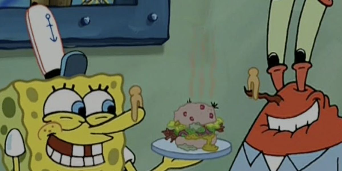 SpongeBob and Mr. Krabs make the Nasty Patty.