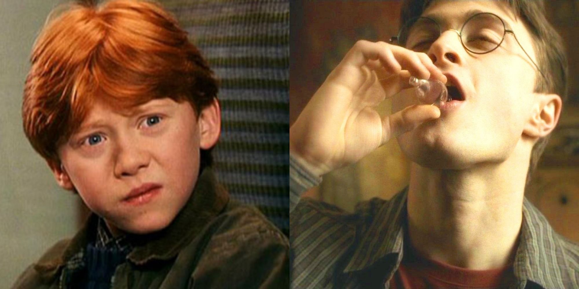 Split image of a confused Ron Weasley and Harry Potter taking Felix Felicies
