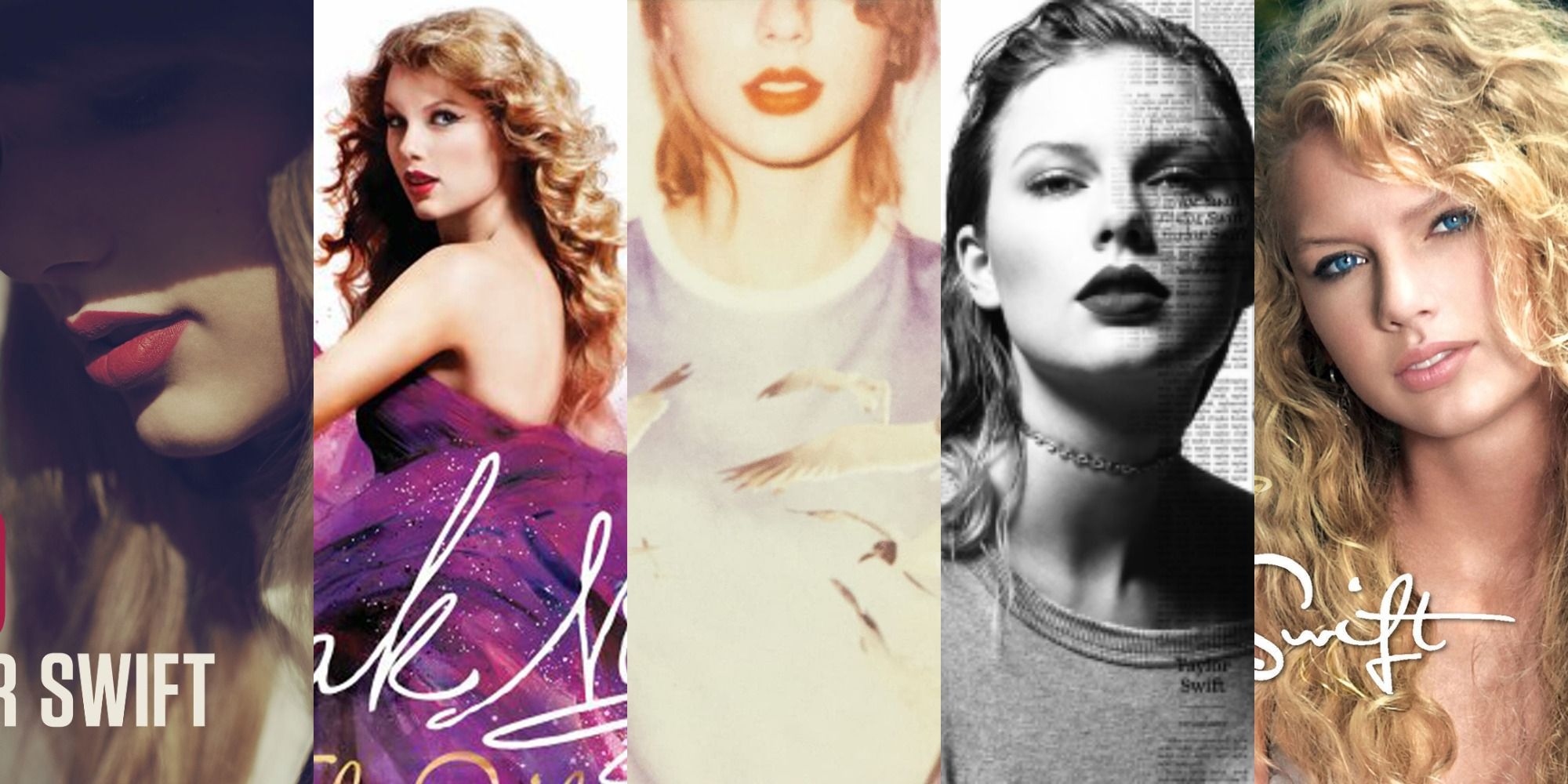 a collage of 5 taylor swift albums - red, speak now, 1989, reputation, taylor swift