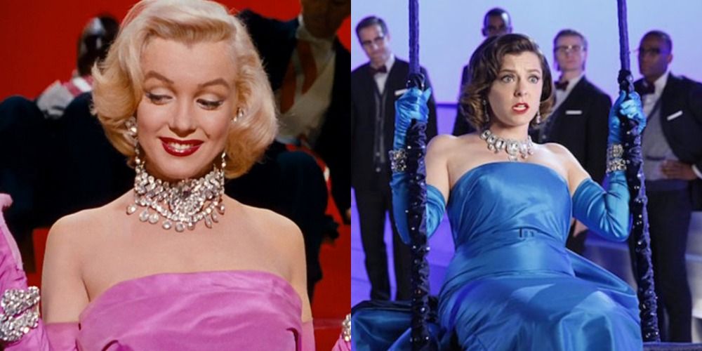 Split image of Marilyn Monroe in Gentlemen Prefer Blondes and Rachel Bloom in Crazy Ex Girlfriend