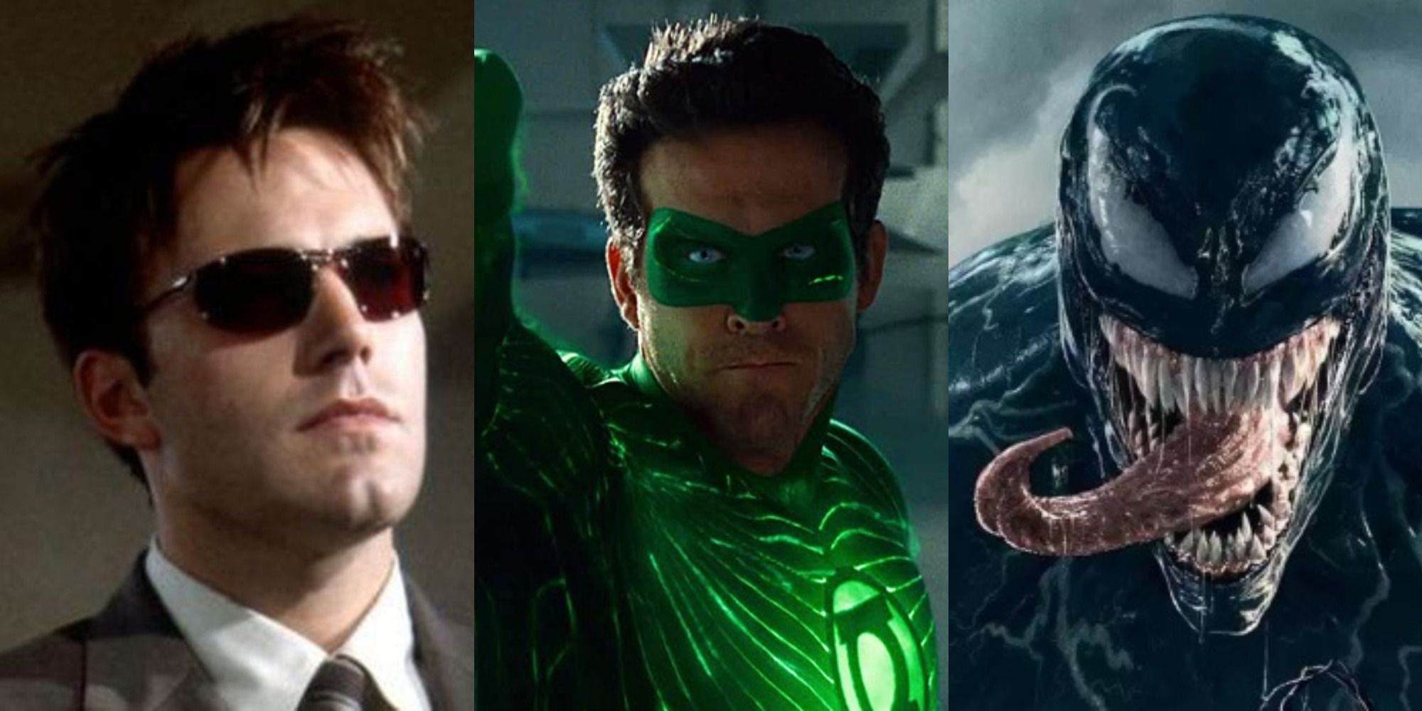 Ben Affleck as Matt Murdock in Daredevil, Ryan Reynolds in Green Lantern, and Venom