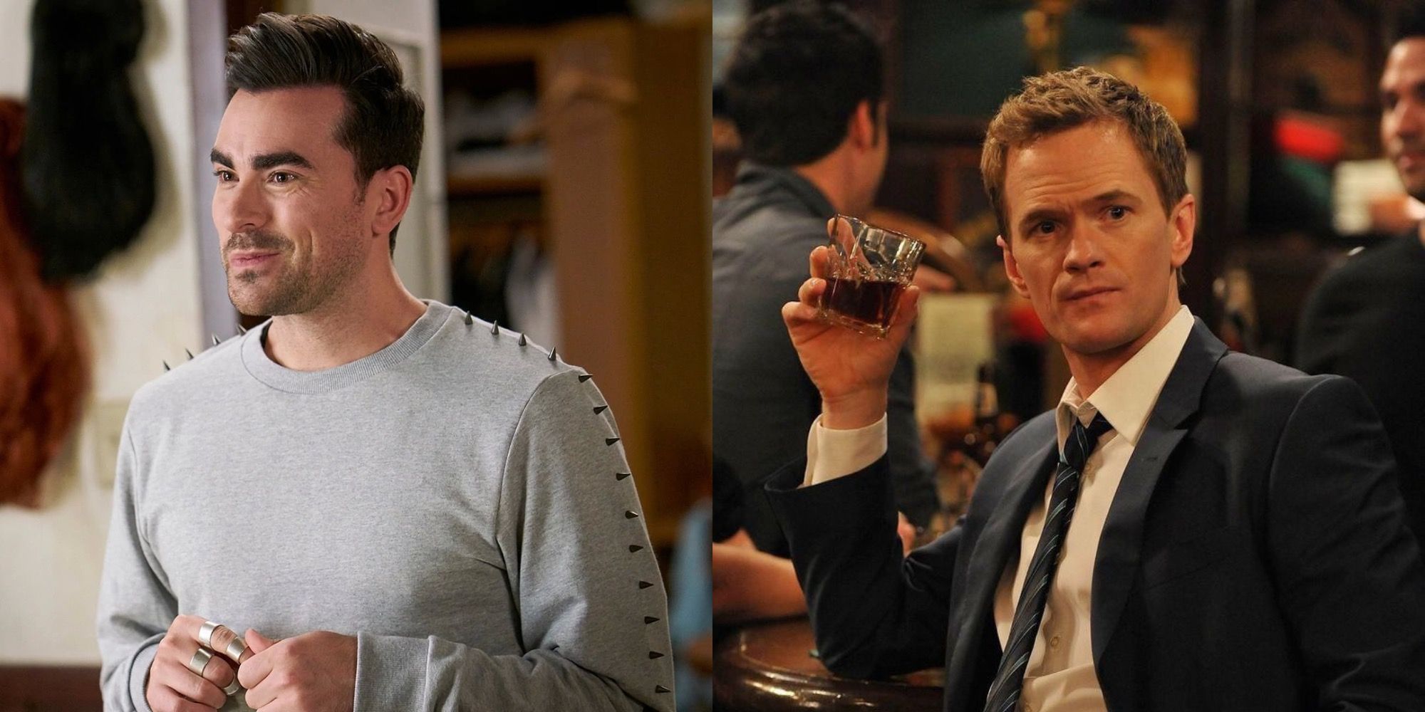 David from Schitt's Creek and Barney drinking in How I Met Your Mother
