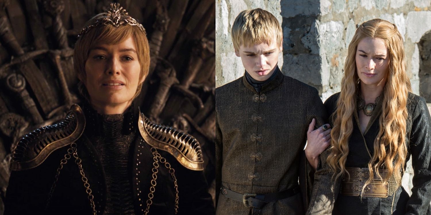 Split image of Cersei Lannister on the Iron Throne and arm in arm with Tommen