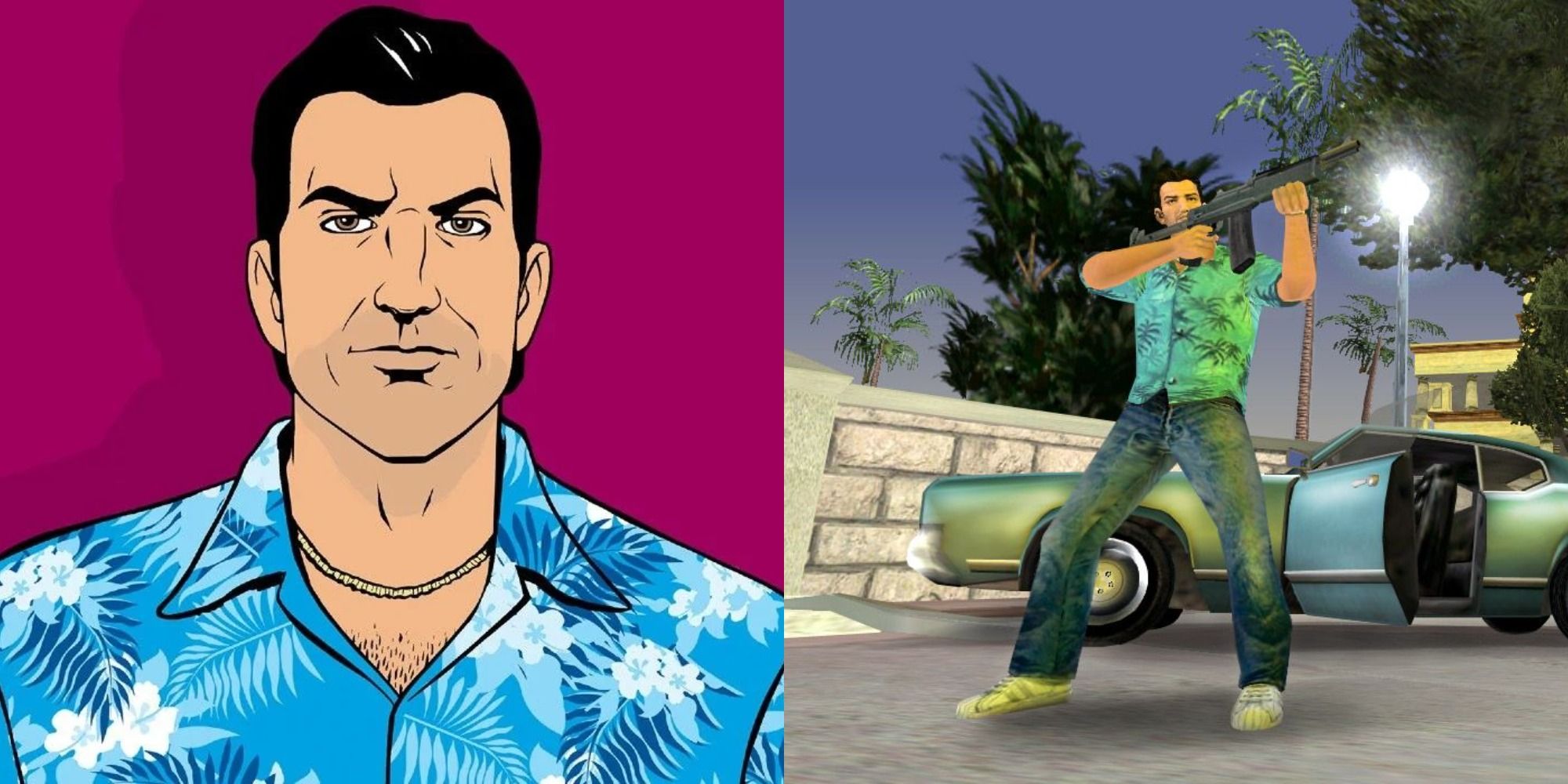 Tommy Vercetti profile image and Tommy firing a gun in the game in GTA Vice City