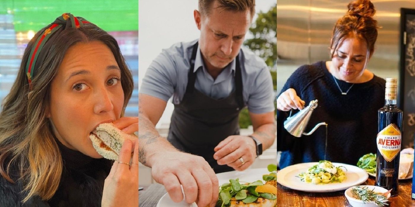 A side-by-side image of Leah Cohen eating a sandwich, Bryan Voltaggio prepping a dish and Antonia Lafiosa from Top Chef cooking in her kitchen