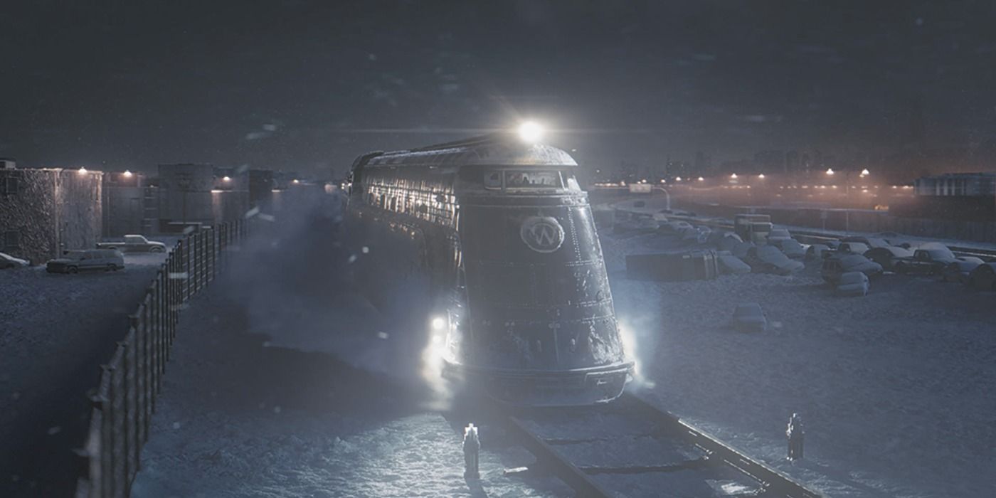 Snowpiercer in a snow storm on the tracks in Snowpiercer