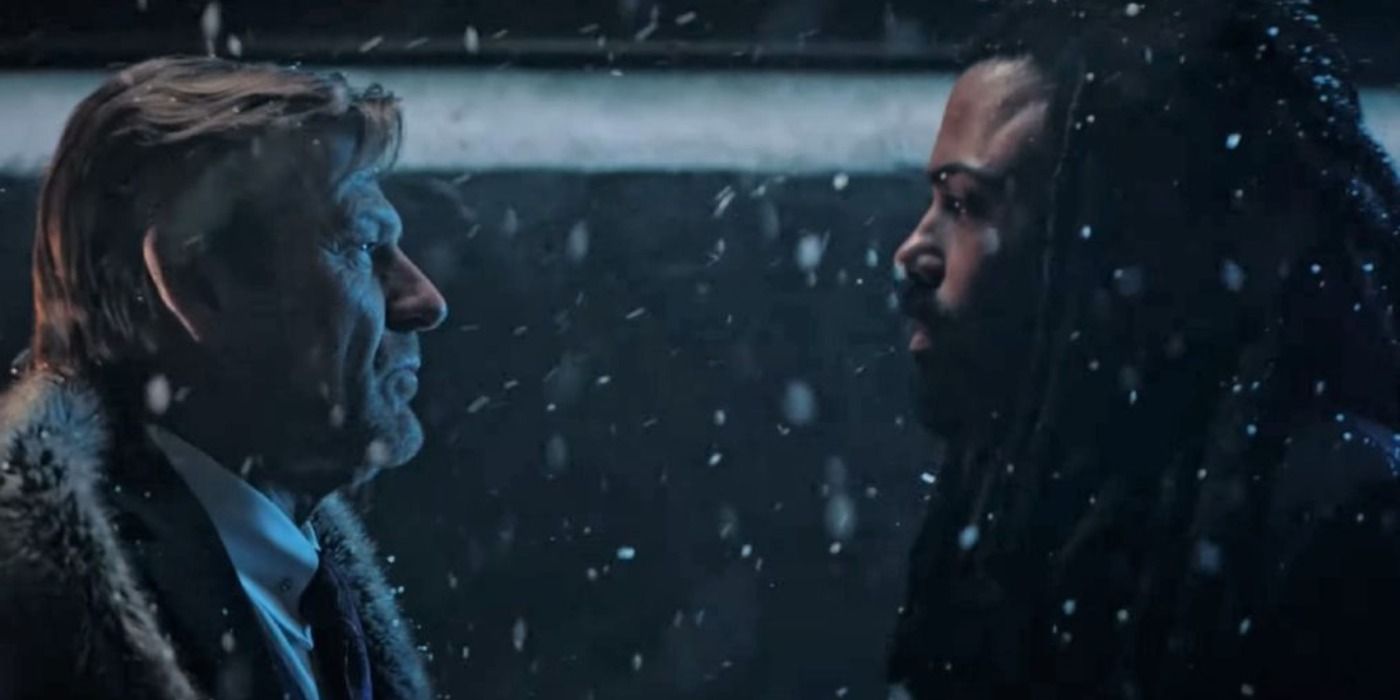 Wilford and Layton facing each other in Snowpiercer