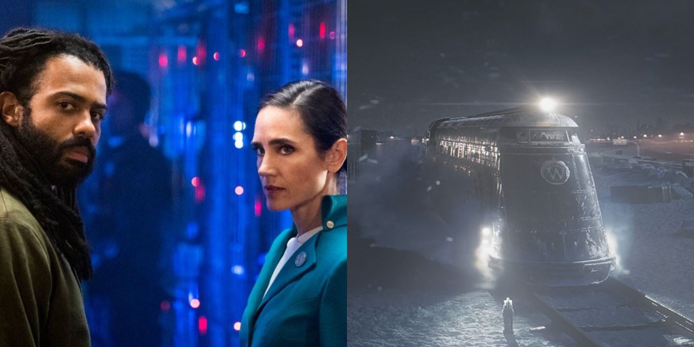 Split image of Layton and Melanie and the Snowpiercer train