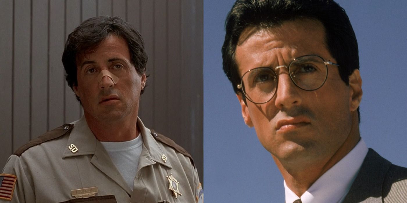 Stallone in Cop Land on left, Stallone in Tango & Cash on right, Sylvester Stallone Characters split image