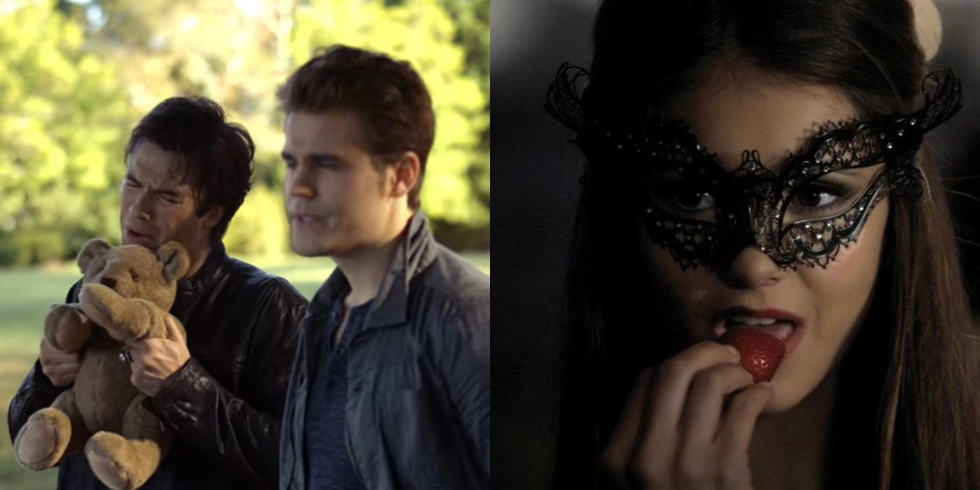 Damon Stefan making faces and Katharine eating a strawberry