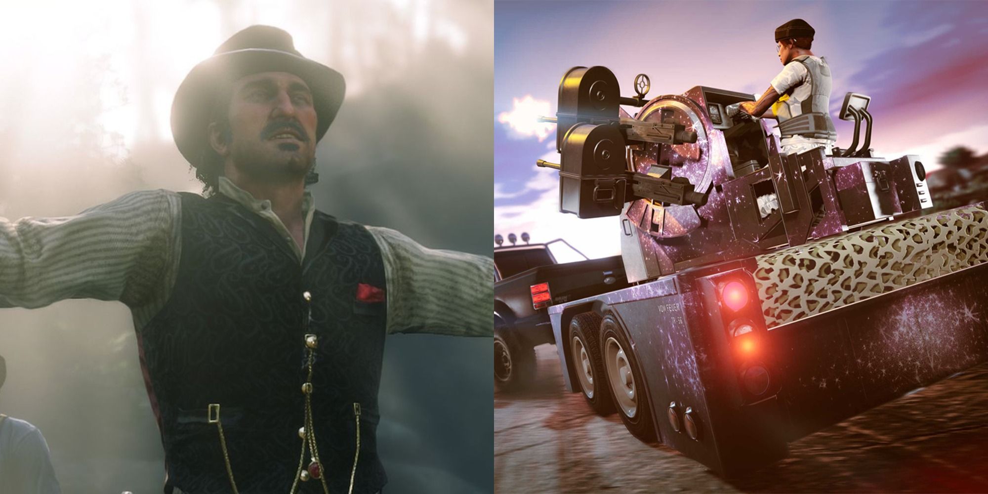 Split image of Arthur Morgan in Red Dead Redemption 2 and a car in action in Grand Theft Auto V