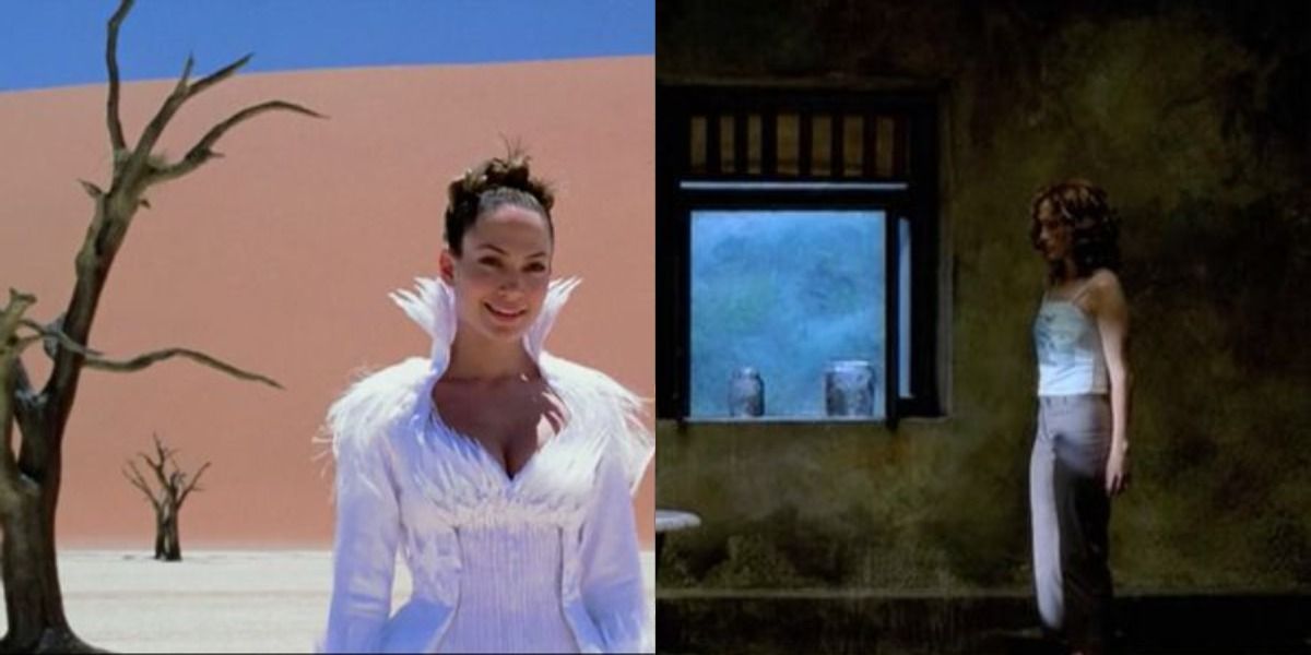 A split image of Jennifer Lopez's character standing in a desert landscape and an old bathroom in The Cell