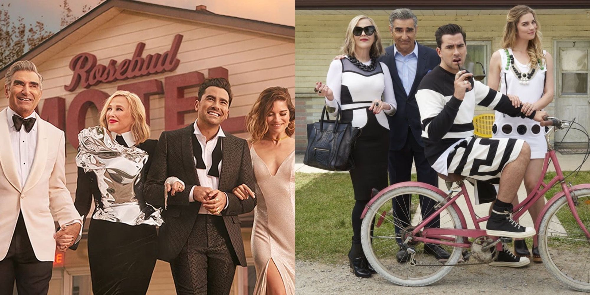 Two pictures of Rose family. One where they are standing in front of Rosebud motel. In another one, all four are posing for a pic. David is sitting on a bicycle